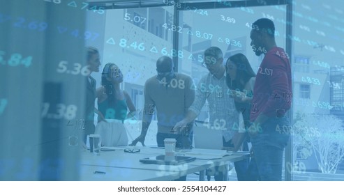 Image of financial data processing over diverse business people in office. Global finance, business, connections, computing and data processing concept digitally generated image.