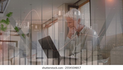 Image of financial data processing over senior caucasian woman using laptop. Senior lifestyle, finances, communication and digital interface concept digitally generated image. - Powered by Shutterstock