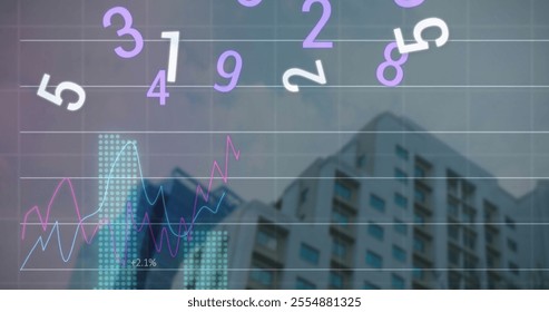 Image of financial data processing over cityscape. Global finance, business, connections, computing and data processing concept digitally generated image.