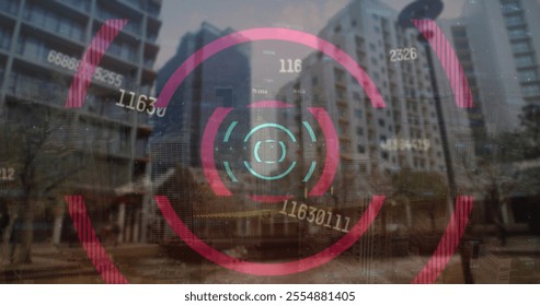 Image of financial data processing over cityscape. Global finance, business, connections, computing and data processing concept digitally generated image.