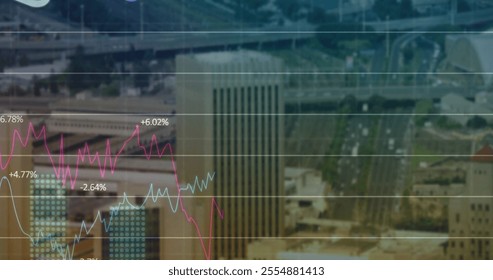 Image of financial data processing over cityscape. Global finance, business, connections, computing and data processing concept digitally generated image.