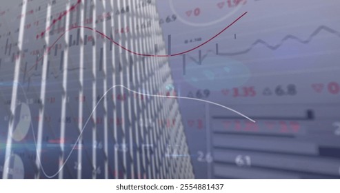 Image of financial data processing over cityscape. Global finance, business, connections, computing and data processing concept digitally generated image.