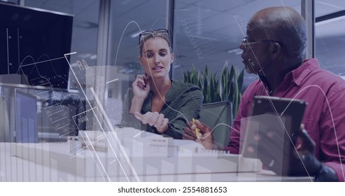 Image of financial data processing over diverse business people in office. Global finance, business, connections, computing and data processing concept digitally generated image.