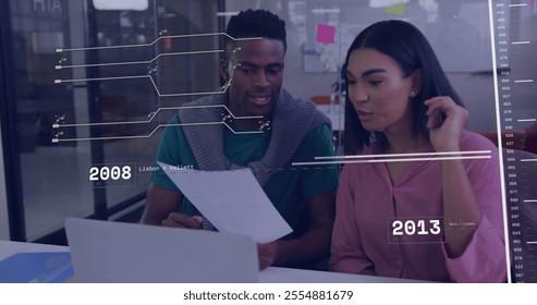 Image of financial data processing over diverse business people in office. Global finance, business, connections, computing and data processing concept digitally generated image.