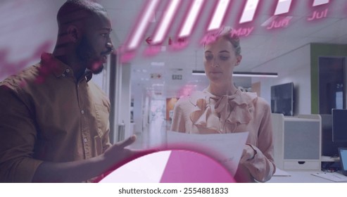Image of financial data processing over diverse business people in office. Global finance, business, connections, computing and data processing concept digitally generated image.