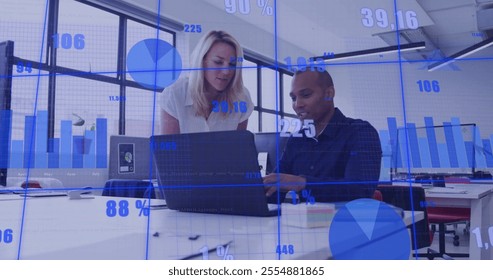 Image of financial data processing over diverse business people in office. Global finance, business, connections, computing and data processing concept digitally generated image.