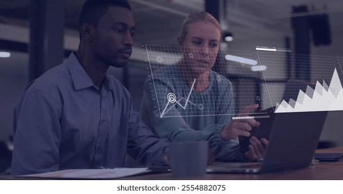Image of financial data processing over diverse business people in office. Global finance, business, connections, computing and data processing concept digitally generated image. - Powered by Shutterstock - Get 15% off with code: PIKWIZARD15