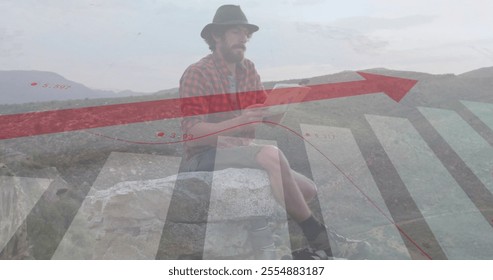 Image of financial data processing over caucasian man reading map in mountains. Global travel, finances, computing and digital interface concept digitally generated image. - Powered by Shutterstock