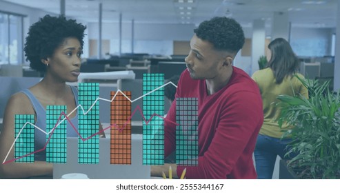 Image of financial data processing over diverse business people in office. Global finance, business, connections, computing and data processing concept digitally generated image. - Powered by Shutterstock