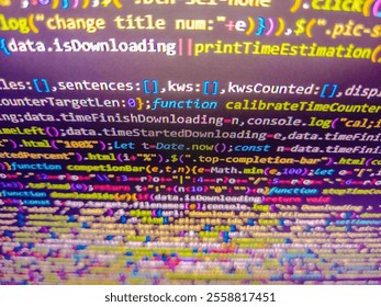Image of financial data processing over building. Binary code background. Software source code. Failed reading data. Computer program coding on screen. Market analyses. Css with web development.