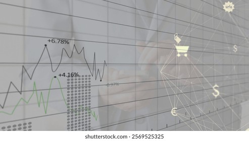 Image of financial data processing over businessman using smartphone. Global finance, business, connections, computing and data processing concept digitally generated image.