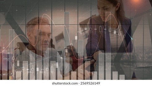 Image of financial data processing over diverse business people using laptop in office. Global finance, business, connections, computing and data processing concept digitally generated image.