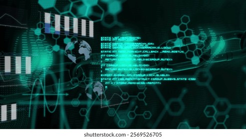Image of financial data processing over chemical formula on black background. Global finances, computing and digital interface concept digitally generated image. - Powered by Shutterstock - Get 15% off with code: PIKWIZARD15