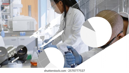 Image of financial data processing over diverse scientists working in lab. Global science, finances and digital interface concept digitally generated image.