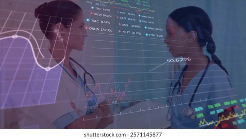 Image of financial data processing over diverse doctors in hospital. Global medicine, connections, computing and data processing concept digitally generated image.