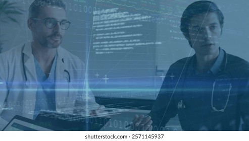 Image of financial data processing over diverse doctors in hospital. Global medicine, connections, computing and data processing concept digitally generated image.