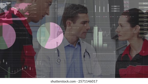 Image of financial data processing over diverse doctors in hospital. Global medicine, connections, computing and data processing concept digitally generated image.