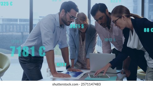 Image of financial data processing over diverse business people in office. Global finance, business, connections, computing and data processing concept digitally generated image.