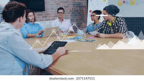 Image of financial data processing over diverse business people in office. Global finance, business, connections, computing and data processing concept digitally generated image.