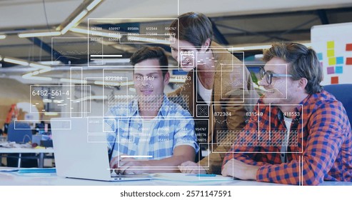 Image of financial data processing over diverse business people in office. Global finance, business, connections, computing and data processing concept digitally generated image.