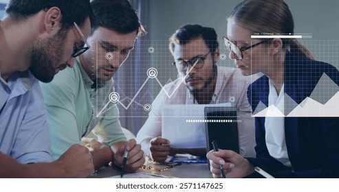 Image of financial data processing over diverse business people in office. Global finance, business, connections, computing and data processing concept digitally generated image.