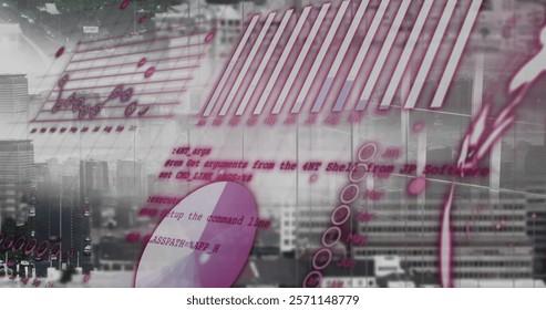 Image of financial data processing over cityscape. Global finance, business, connections, computing and data processing concept digitally generated image.
