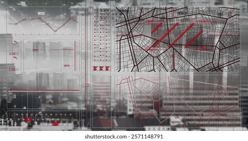 Image of financial data processing over cityscape. Global finance, business, connections, computing and data processing concept digitally generated image.