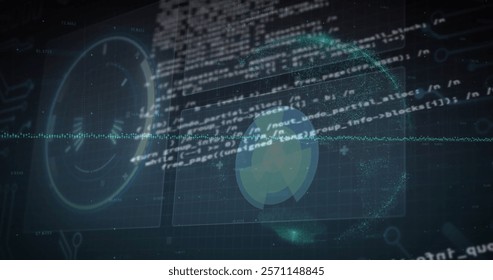 Image of financial data processing over globe on black background. Global business, finances and digital interface concept digitally generated image.