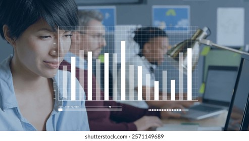 Image of financial data processing over diverse business people in office. Global finance, business, connections, computing and data processing concept digitally generated image.