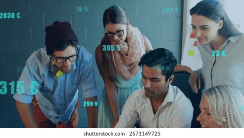 Image of financial data processing over diverse business people in office. Global finance, business, connections, computing and data processing concept digitally generated image.