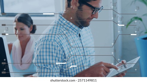 Image of financial data processing over diverse business people in office. Global finance, business, connections, computing and data processing concept digitally generated image.