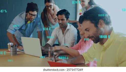 Image of financial data processing over diverse business people in office. Global finance, business, connections, computing and data processing concept digitally generated image.