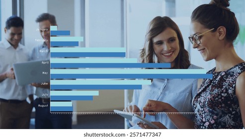 Image of financial data processing over diverse business people in office. Global finance, business, connections, computing and data processing concept digitally generated image.