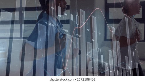Image of financial data processing over diverse doctors. Global medicine, connections, computing and data processing concept digitally generated image.