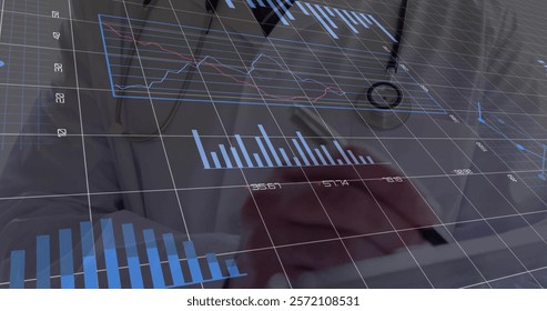 Image of financial data processing over caucasian male doctor. Global medicine, connections, computing and data processing concept digitally generated image.