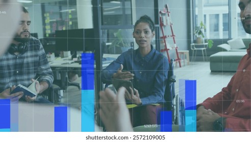 Image of financial data processing over diverse business people in office. Global finance, business, connections, computing and data processing concept digitally generated image.