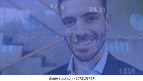 Image of financial data processing over caucasian businessman using smartphone in office. Global finance, business, connections, computing and data processing concept digitally generated image.