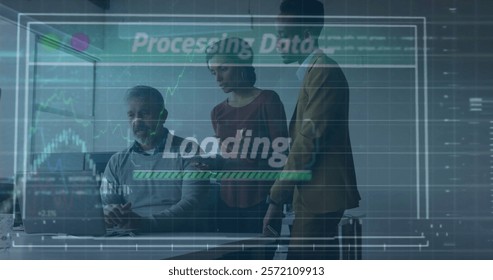 Image of financial data processing over diverse business people in office. Global finance, business, connections, computing and data processing concept digitally generated image.