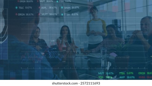 Image of financial data processing over diverse colleagues having meeting in office. Global business, finances and digital interface concept digitally generated image.