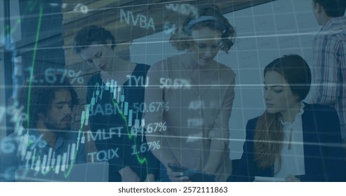 Image of financial data processing over diverse colleagues having meeting in office. Global business, finances and digital interface concept digitally generated image.