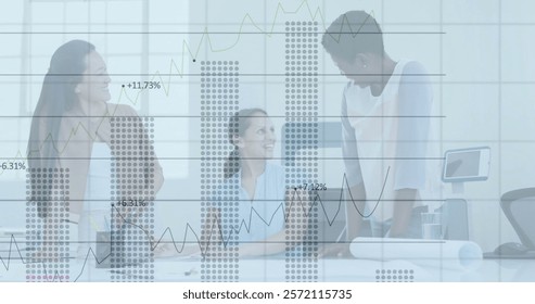 Image of financial data processing over diverse business people in office. Global finance, business, connections, computing and data processing concept digitally generated image.