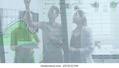 Image of financial data processing over diverse business people in office. Global finance, business, connections, computing and data processing concept digitally generated image.