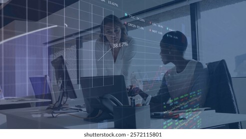 Image of financial data processing over diverse business people in office. Global finance, business, connections, computing and data processing concept digitally generated image.