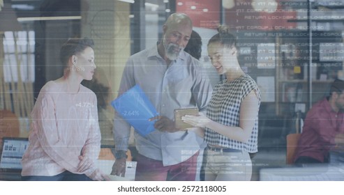 Image of financial data processing over diverse colleagues having meeting in office. Global business, computing, communication and digital interface concept digitally generated image.