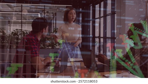 Image of financial data processing over diverse colleagues having meeting in office. Global business, computing, communication and digital interface concept digitally generated image.