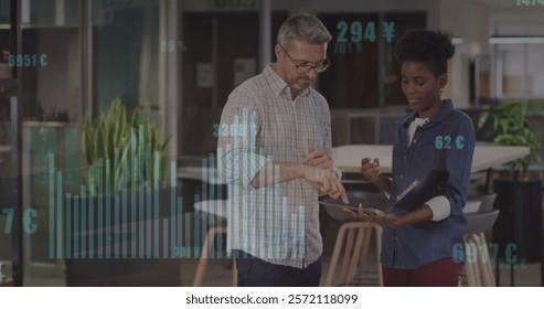 Image of financial data processing over diverse colleagues discussing work in office. Global business, computing, communication and digital interface concept digitally generated image.