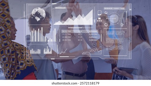 Image of financial data processing over diverse business people in office. Global finance, business, connections, computing and data processing concept digitally generated image.