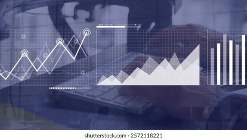 Image of financial data processing over caucasian businessman using computer. Global finance, business, connections, computing and data processing concept digitally generated image.