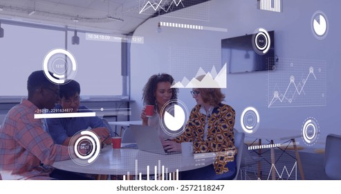 Image of financial data processing over diverse business people in office. Global finance, business, connections, computing and data processing concept digitally generated image.