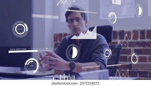 Image of financial data processing over caucasian businessman in office. Global finance, business, connections, computing and data processing concept digitally generated image.